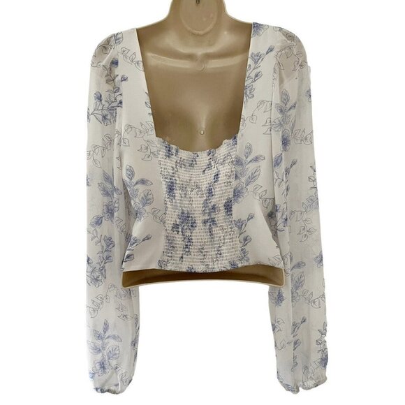 House of Harlow Women's Sz S Blue Floral Cropped Balloon Sleeve Smocked Back Top - Picture 3 of 8